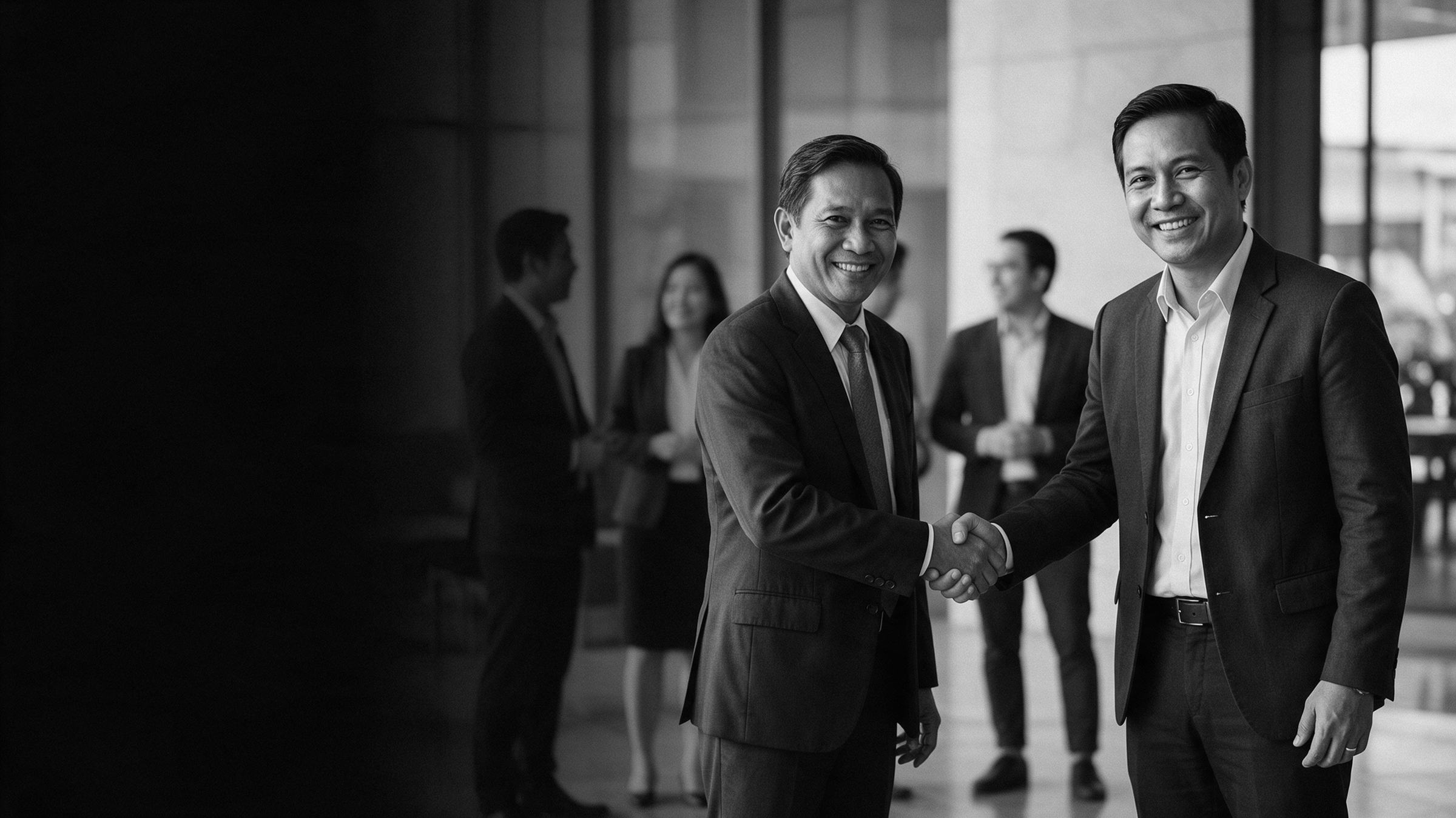 A business leader and a consultant shaking hands in an office lobby