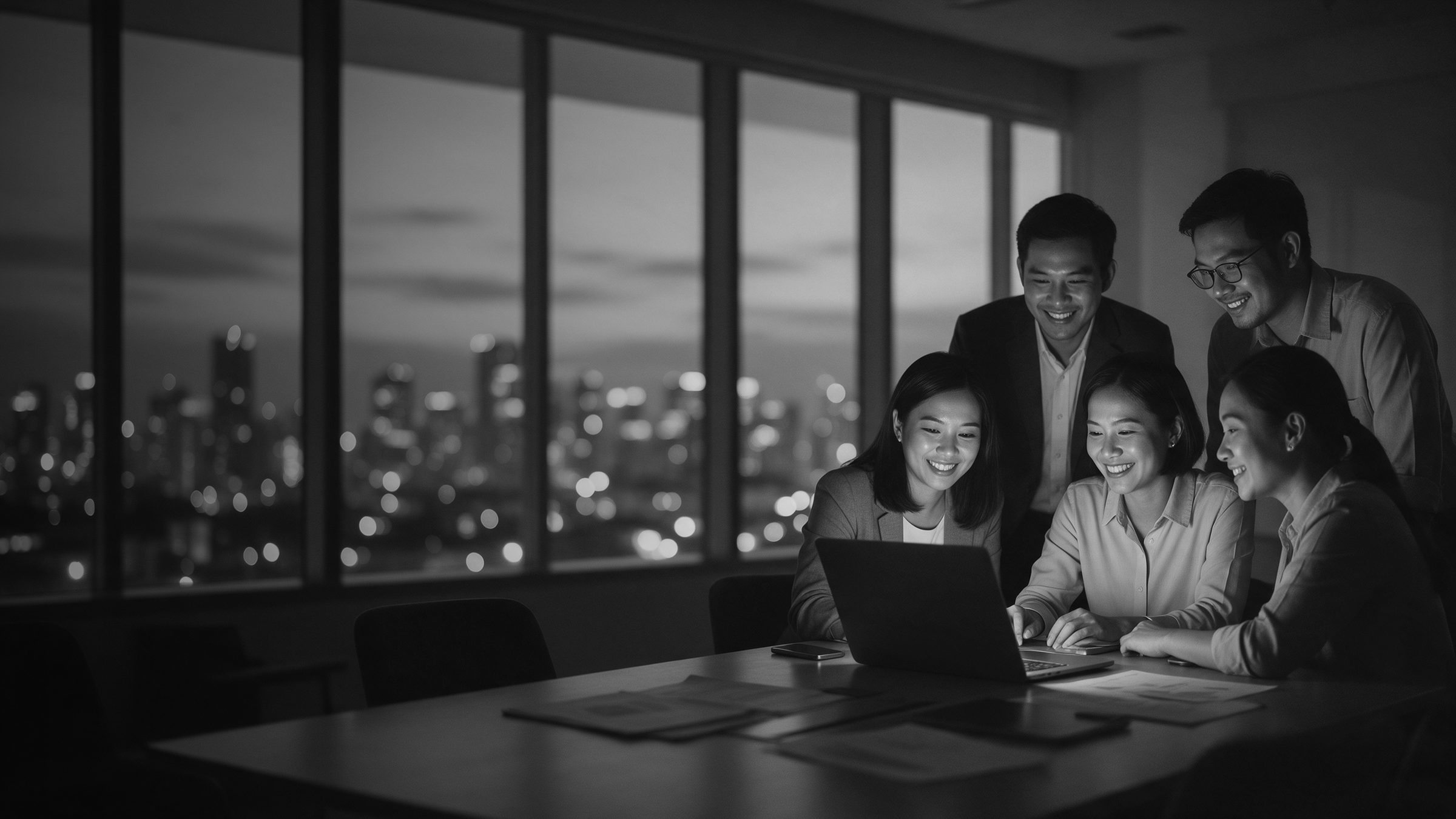 A team working together around a laptop in an office above the city