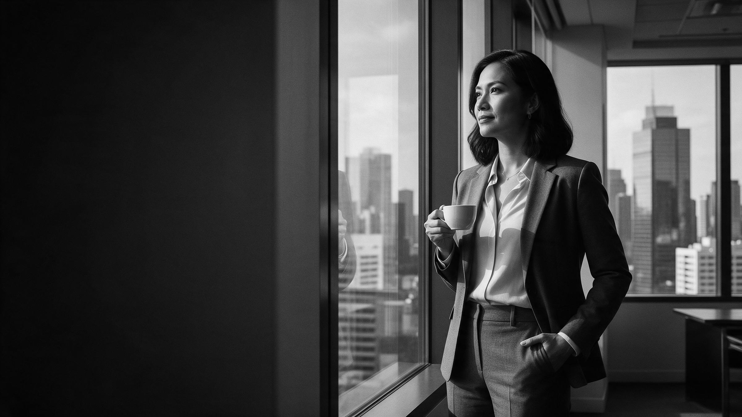 An executive with a coffee by an office window, looking out over the city